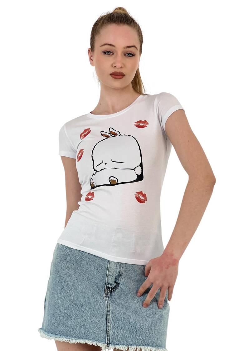 Rabbit Printed Short Sleeve Skinny Black T-Shirt