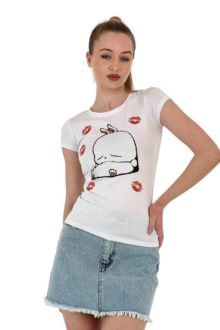 Rabbit Printed Short Sleeve Skinny Black T-Shirt