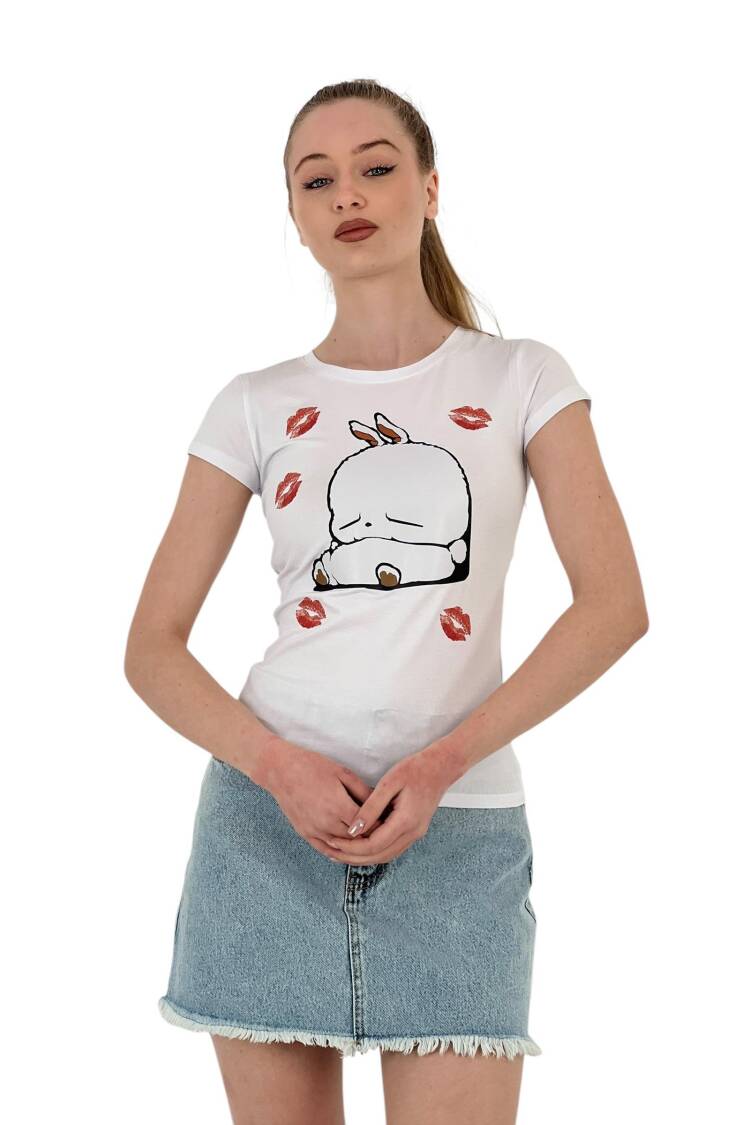 Rabbit Printed Short Sleeve Skinny Black T-Shirt