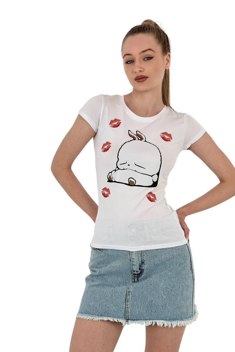 Rabbit Printed Short Sleeve Skinny Black T-Shirt