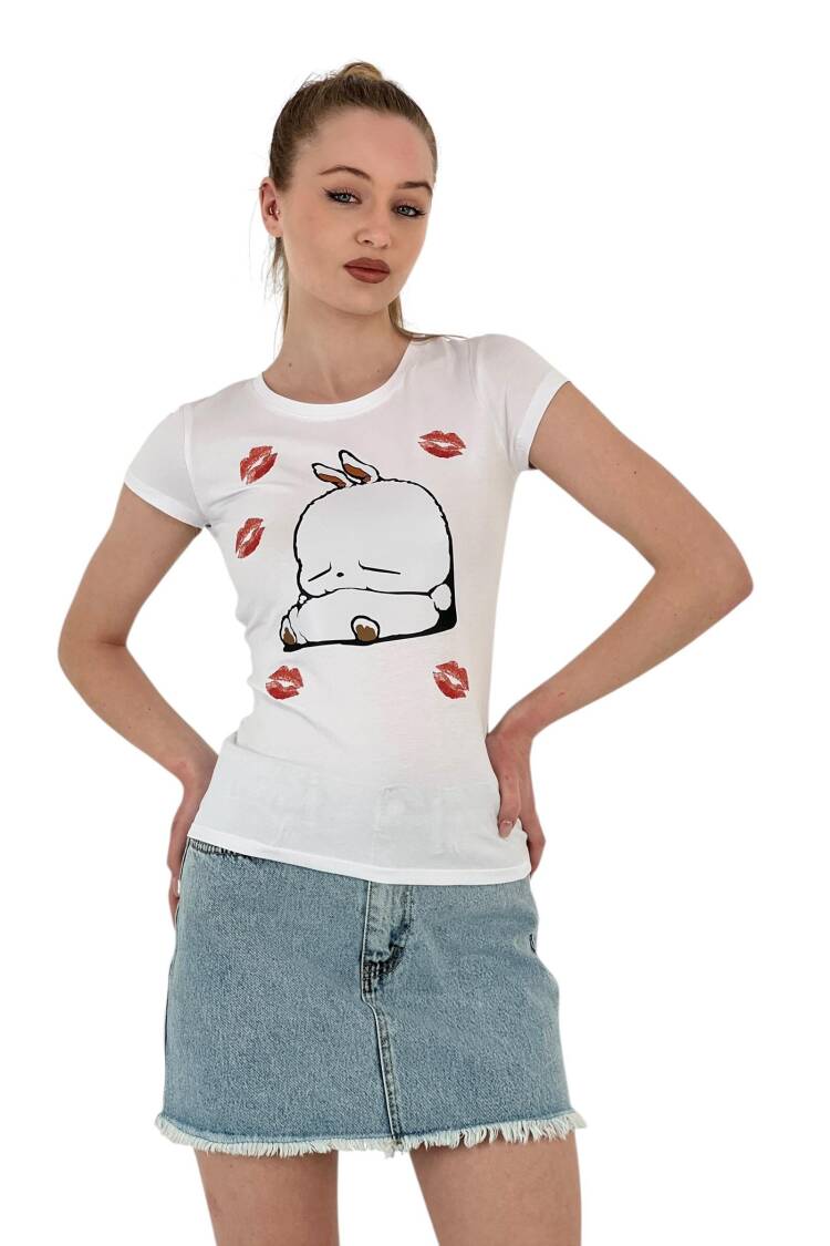 Rabbit Printed Short Sleeve Skinny Black T-Shirt