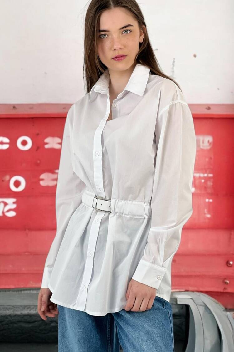 Detailed White Oversize Shirt - MISS POEM - Globality Store - Women Clothes Wholesale Turkey