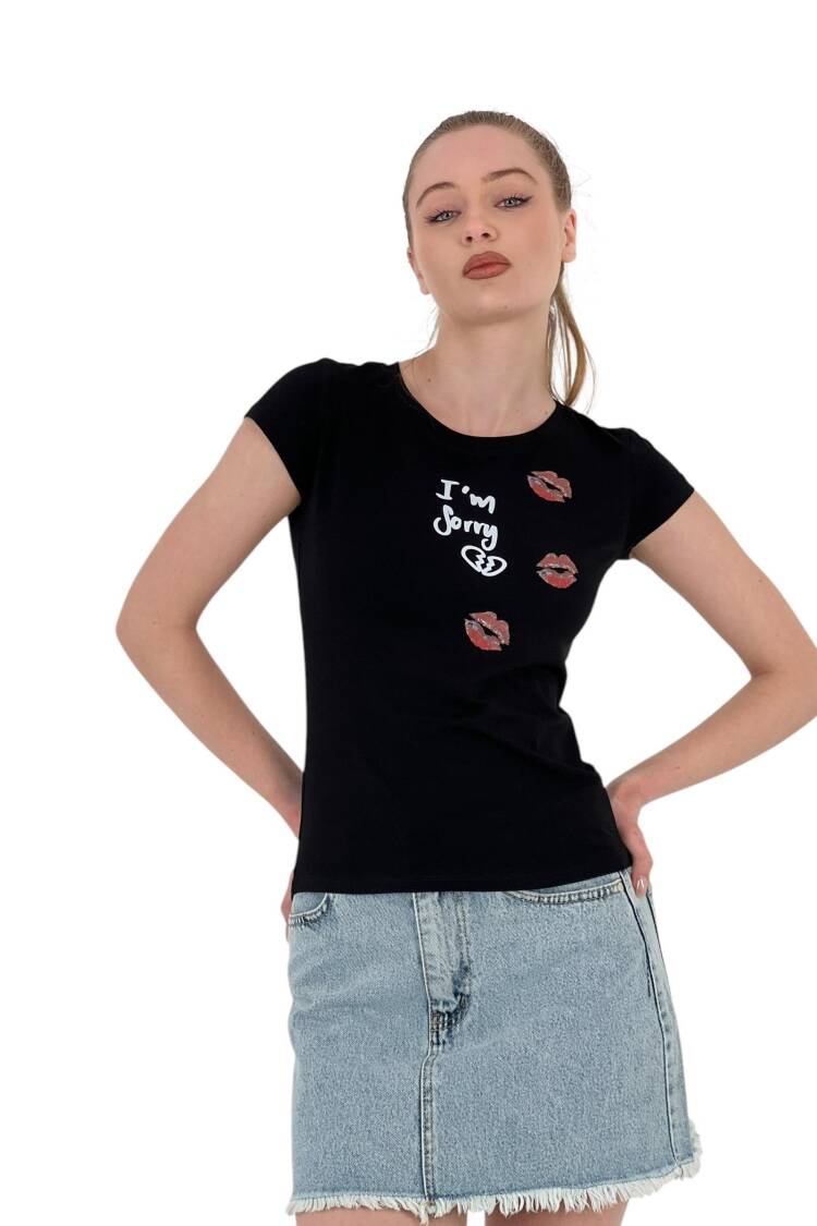 Kiss Printed Short Sleeve Skinny White T-Shirt