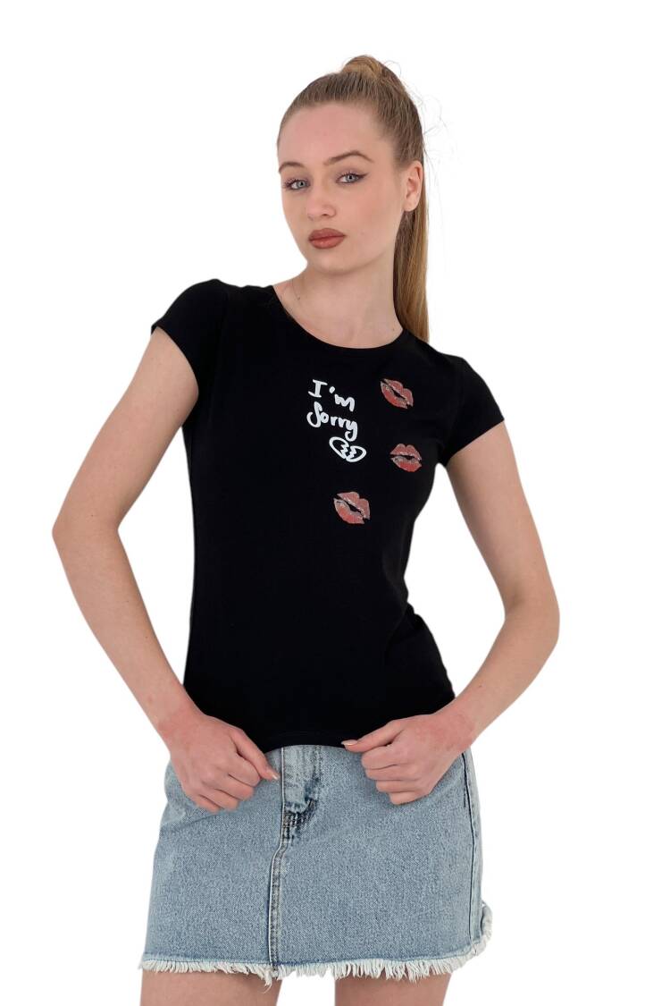 Kiss Printed Short Sleeve Skinny White T-Shirt