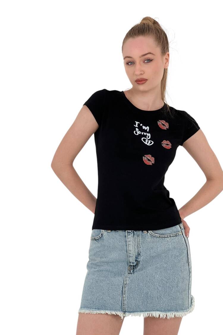 Kiss Printed Short Sleeve Skinny White T-Shirt