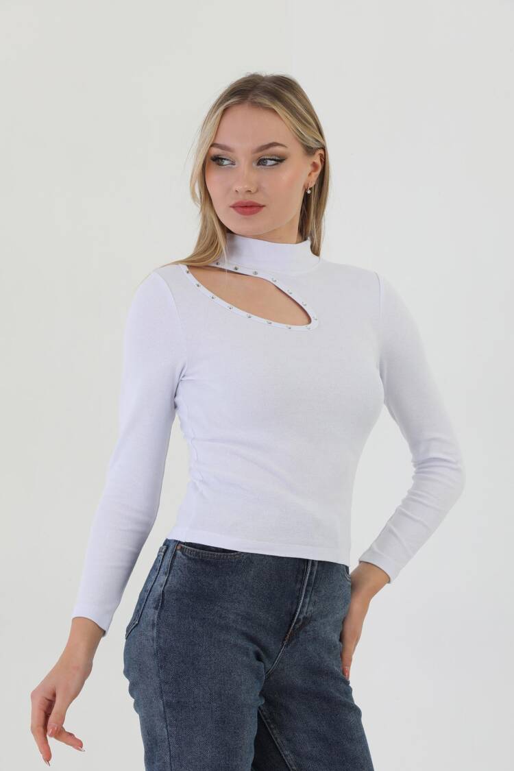 EdelleTurtleneck Stone Embroidered Long Sleeve Ribbed T-Shirt