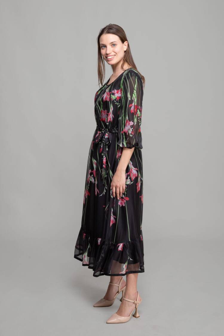 Round Neck Floral Pattern Print Dress - Multicolor
