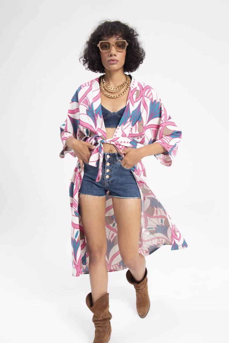 Linen Blend Kimono With Belt - BSL - Globality Store - Women Clothes Wholesale Turkey
