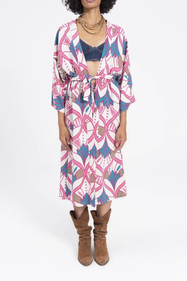 Linen Blend Kimono With Belt