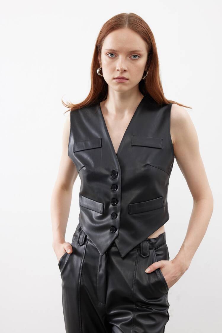 Special Cut Flannel Pocket Detailed Leather Vest Black - Juste - Globality Store - Women Clothes Wholesale Turkey
