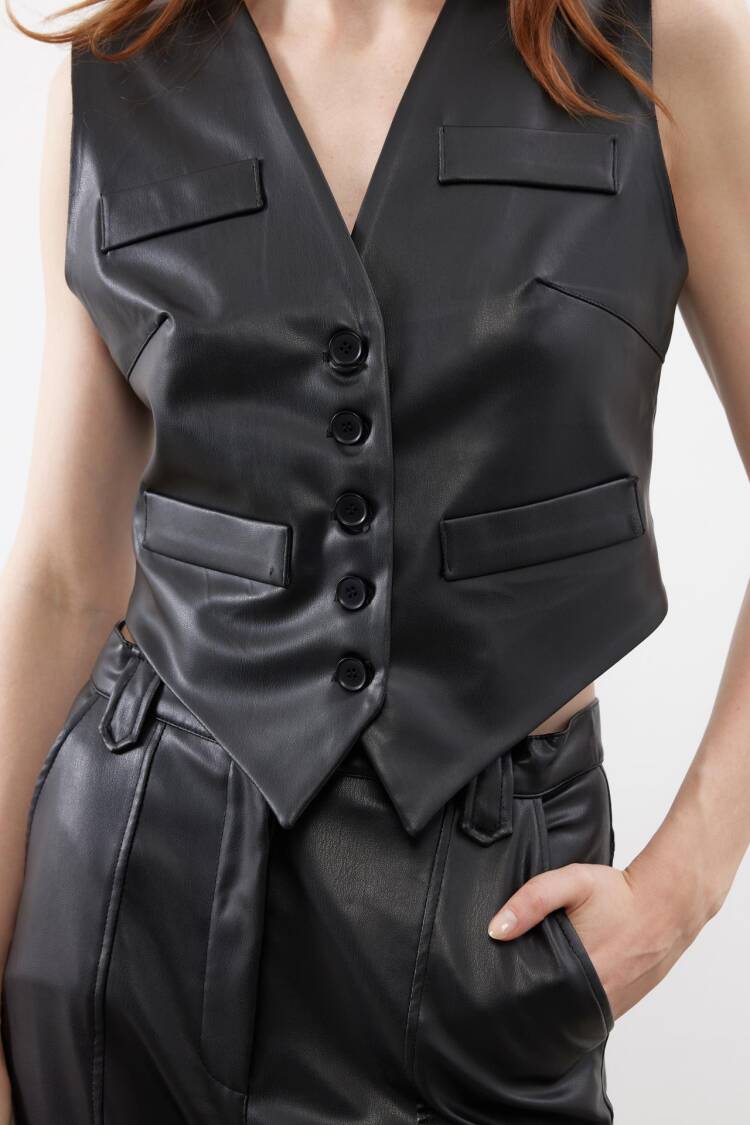 Special Cut Flannel Pocket Detailed Leather Vest Black