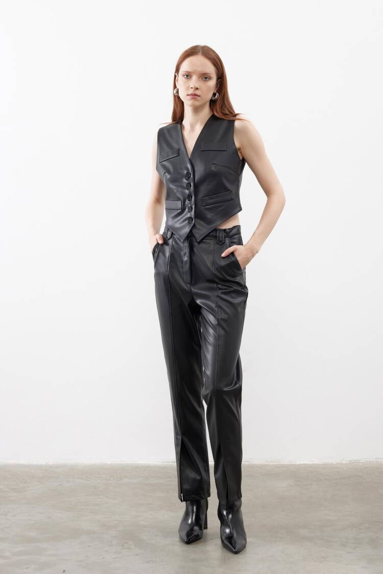 Special Cut Flannel Pocket Detailed Leather Vest Black