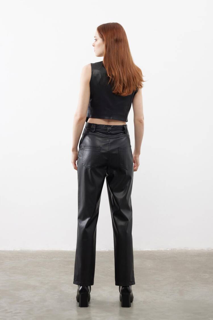 Special Cut Flannel Pocket Detailed Leather Vest Black