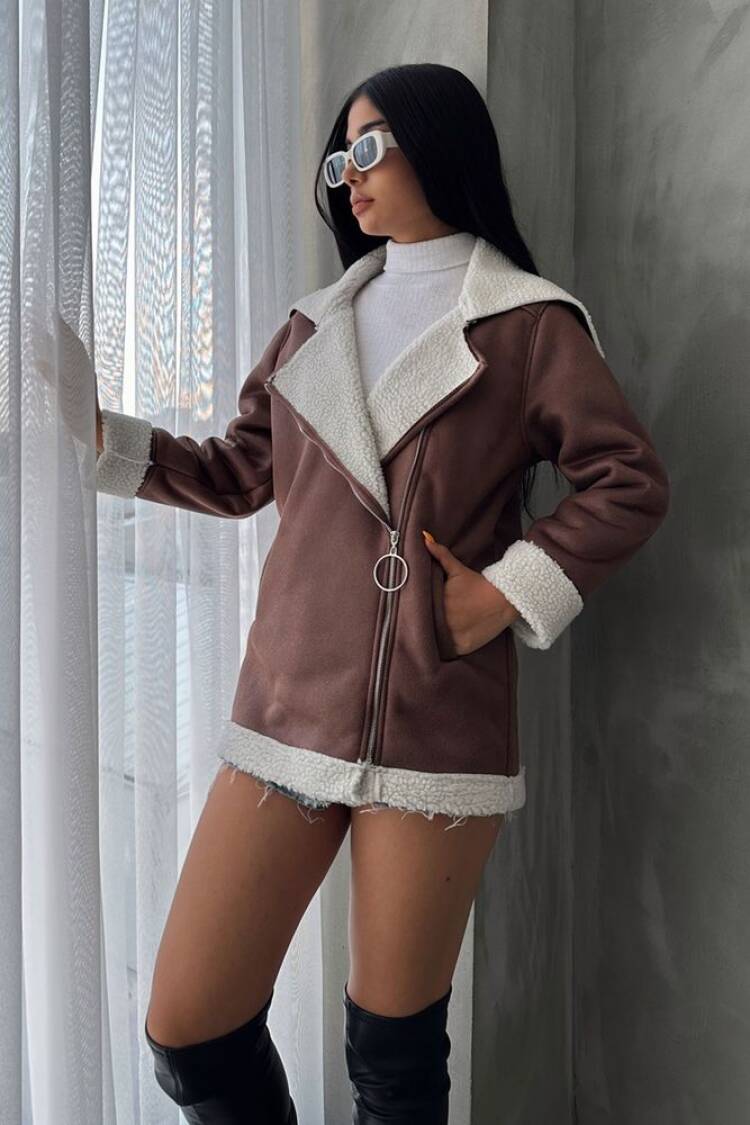 TanLeather Zippered Fur Collar Coat - Topshow - Globality Store - Women Clothes Wholesale Turkey