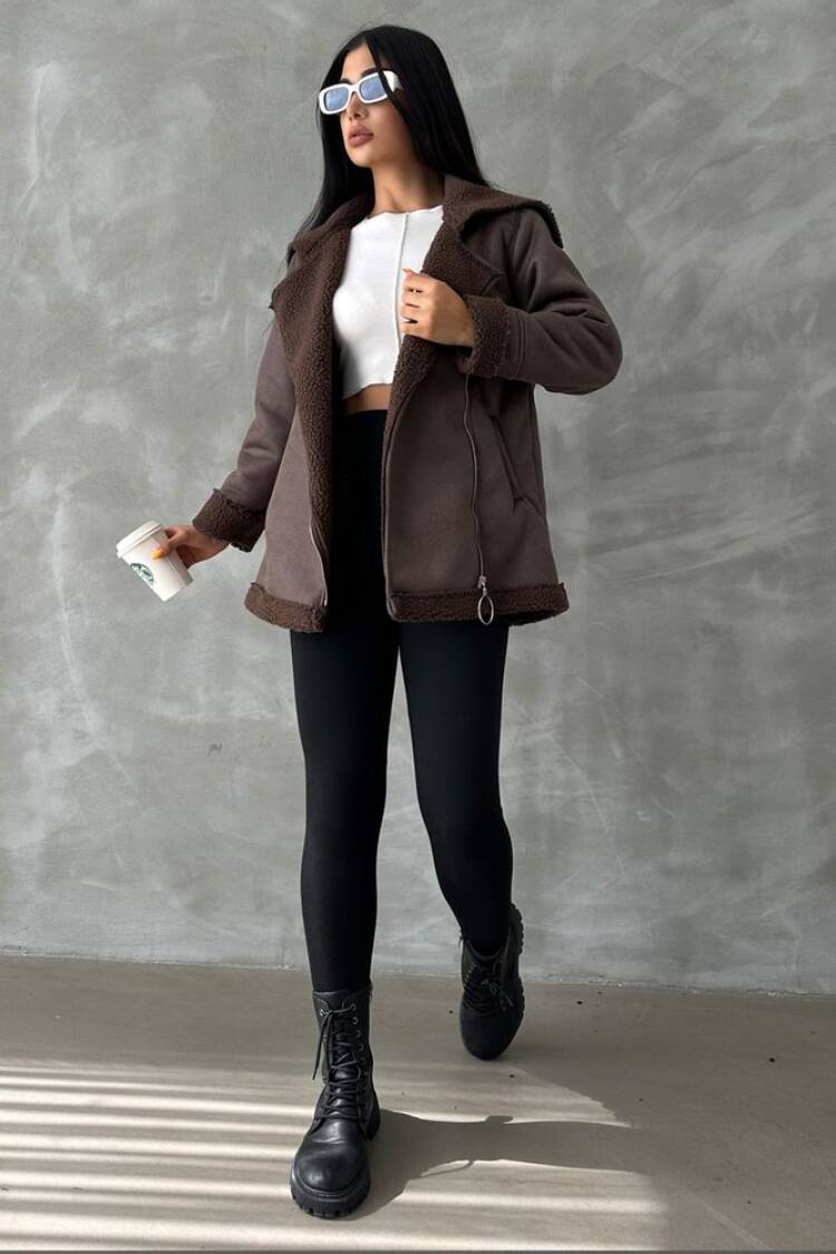Zippered Leather Coat With Fur Collar - Topshow - Globality Store - Women Clothes Wholesale Turkey