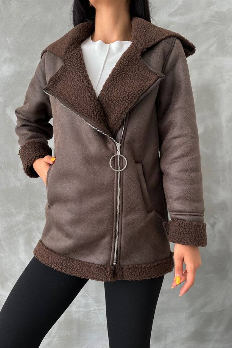 Zippered Leather Coat With Fur Collar