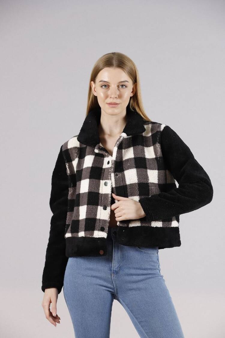 Black Checkerboard Fleece Snap Jacket