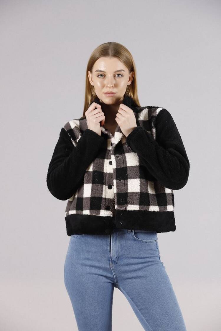Black Checkerboard Fleece Snap Jacket