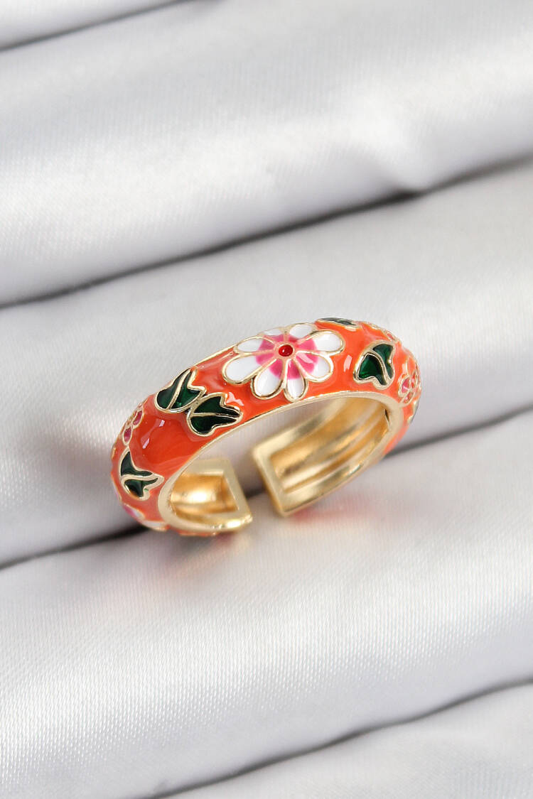 Gold Color Adjustable Women's Ring With Brass Orange Enamel Flower Motif - Brand: Ebijuteri - Women & Kids, Baby Clothes Wholesale - Globality Store
