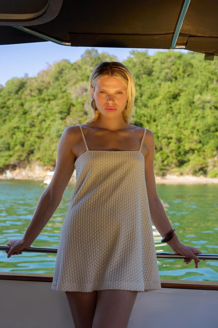 Beige Slip Dress With Square Neck And Cap Sleeves