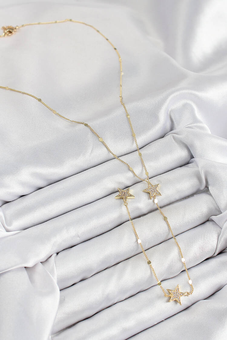 Brass Zircon Stone Star Pattern Gold Color Y Necklace