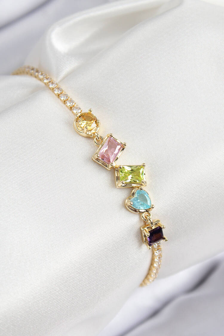 Brass Color Zircon Stone Geometric Pattern Gold Color Women's Bracelet - Brand: Ebijuteri - Women & Kids, Baby Clothes Wholesale - Globality Store