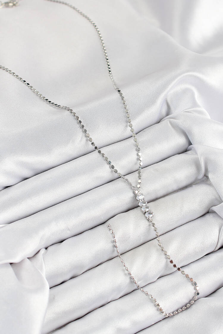 Brass Zircon Stone Crush Chain Pattern Silver Color Y Necklace