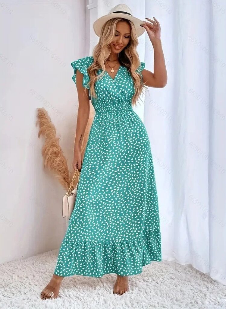 Polka Dot Wrap Dress With Ruffle Sleeves