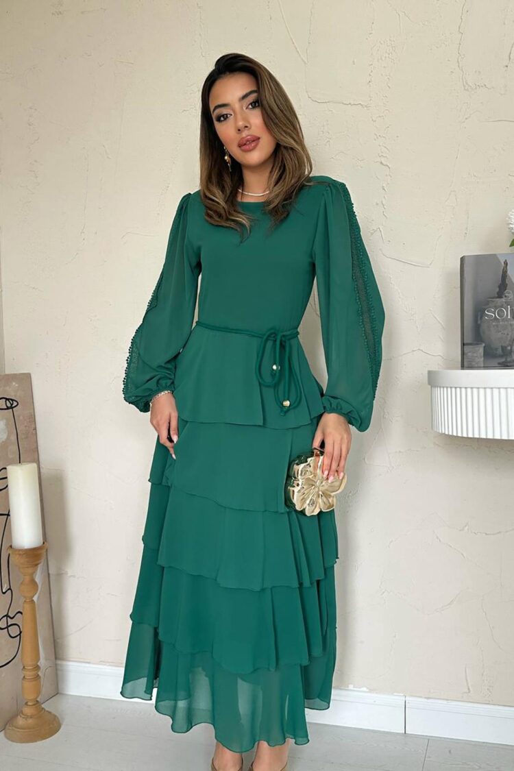 Elegant Green A-Line Dress With Ruffle Sleeves