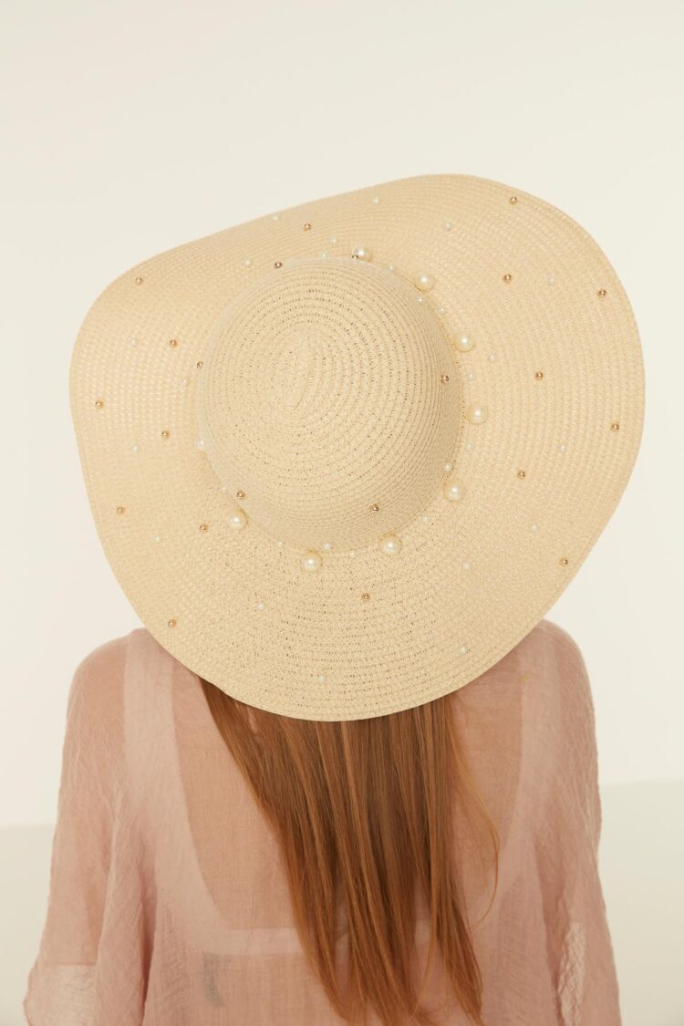 Wide Straw Hat With Pearls