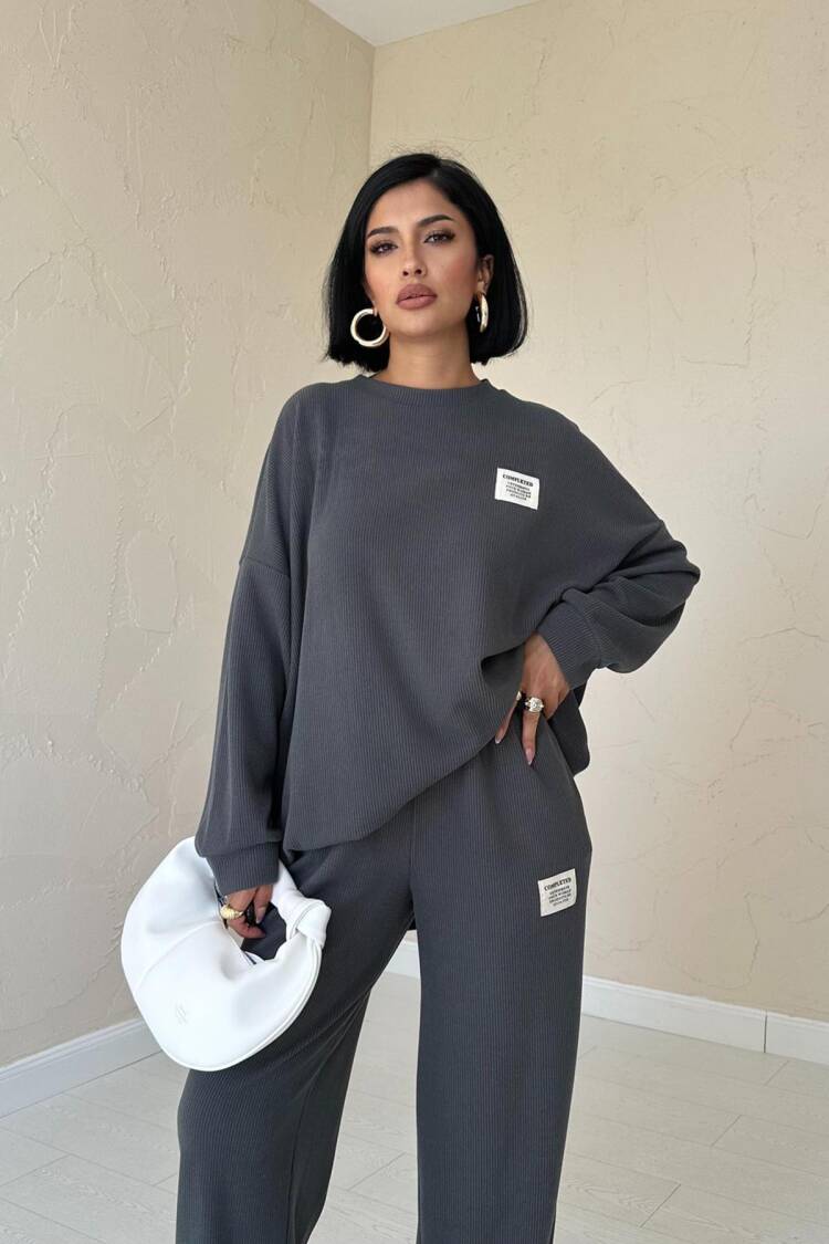 Classic Ribbed Sweater And Trouser Set - Smoke