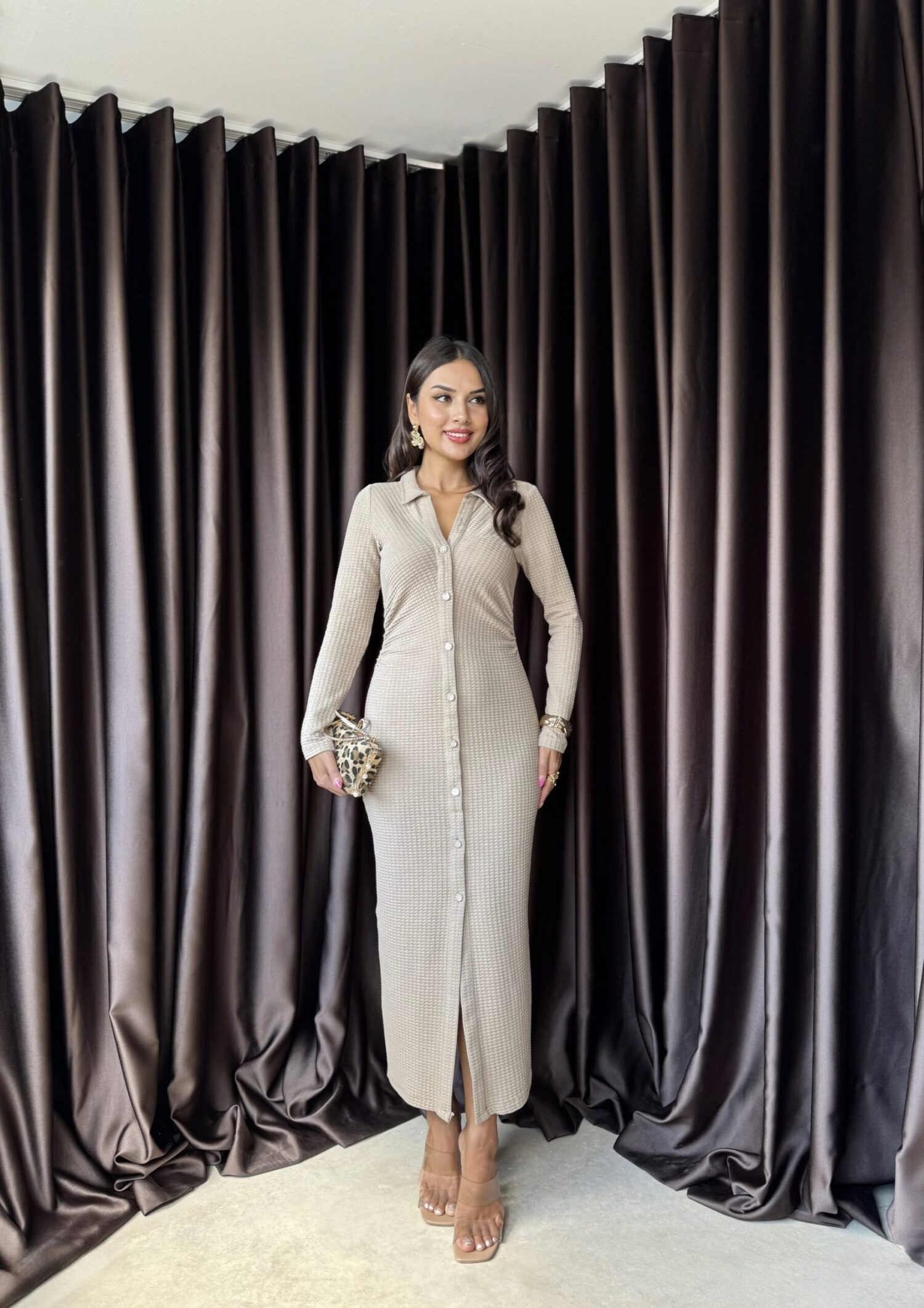 Elegant Beige Maxi Shirt Dress - Brand: Miss Janell - Women & Kids, Baby Clothes Wholesale - Globality Store