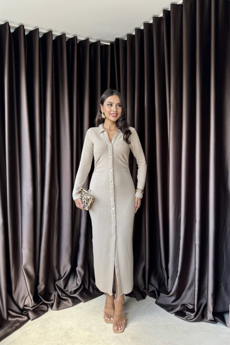 Elegant Beige Maxi Shirt Dress - Brand: Miss Janell - Women & Kids, Baby Clothes Wholesale - Globality Store